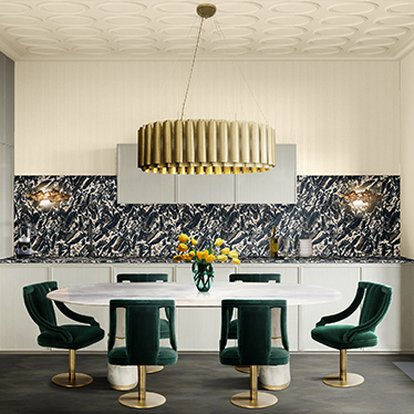AGRA DINING TABLE, CAYO DINING CHAIR, AURUM III SUSPENSION LIGHT